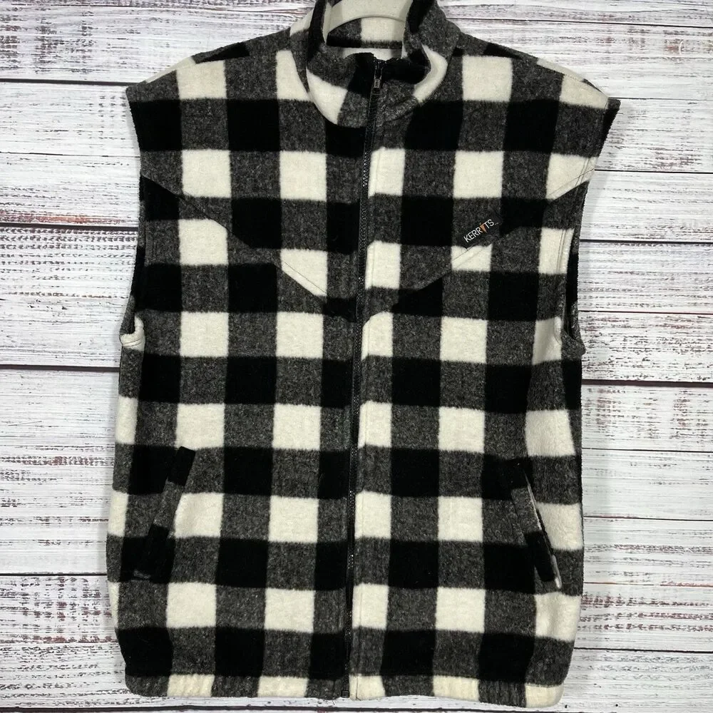 Vtg Kerrits Fleece Vest Zip Riding Equestrian Buffalo Check Black White Med USA